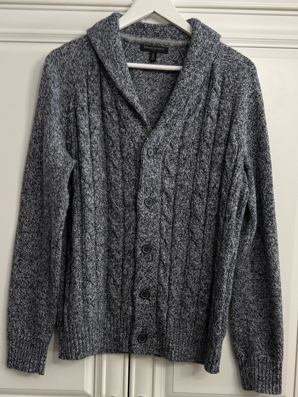 Banana Republic Factory Mens Marled Blue Cable Shawl-Cardigan Button Front Wool
